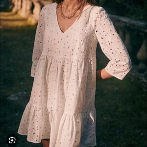Sezane Aura Ecru Off White Lined Eyelet Tiered Bracelet Sleeves Mini Dress Sz 12